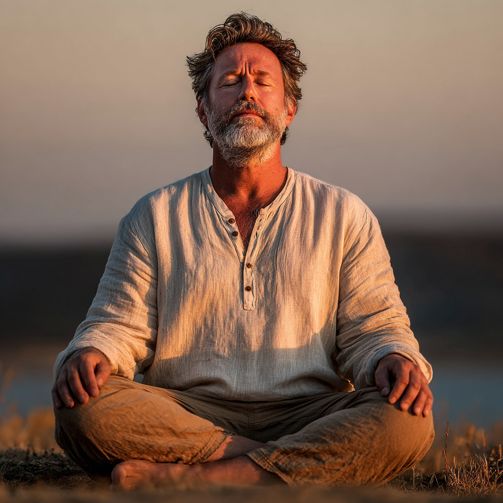 Peaceful mature man in his late forties sitting in meditation pose outdoors during golden hour, wearing comfortable neutral clothing, demonstrating proper breathing technique with serene facial expression and eyes gently closed