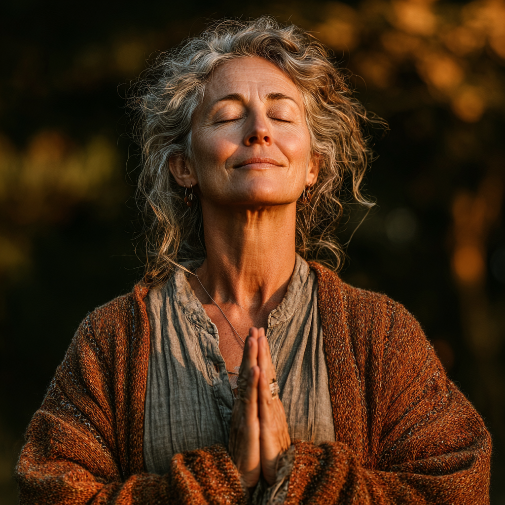 Serene woman in her early fifties practicing yoga outdoors in natural lighting, wearing comfortable earth-toned clothing, demonstrating proper form and mindful breathing technique with peaceful expression